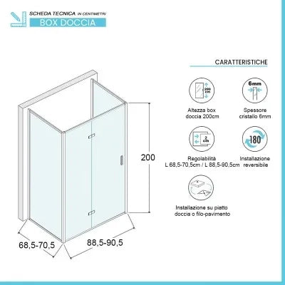 Box doccia 70x90x70 cm porta a soffietto trasparente H 200 cm Ted