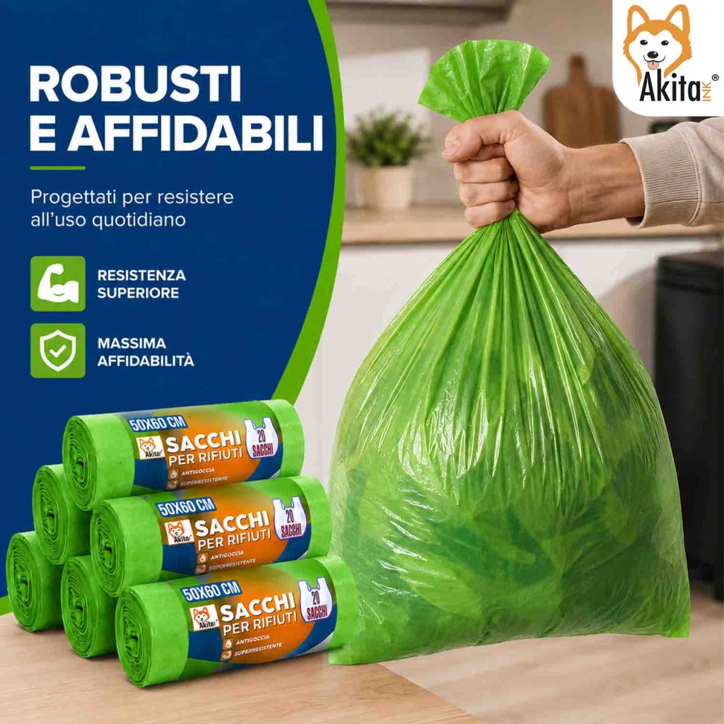 Akitaink 120 Sacchi Spazzatura 50x60 Verdi con Legacci