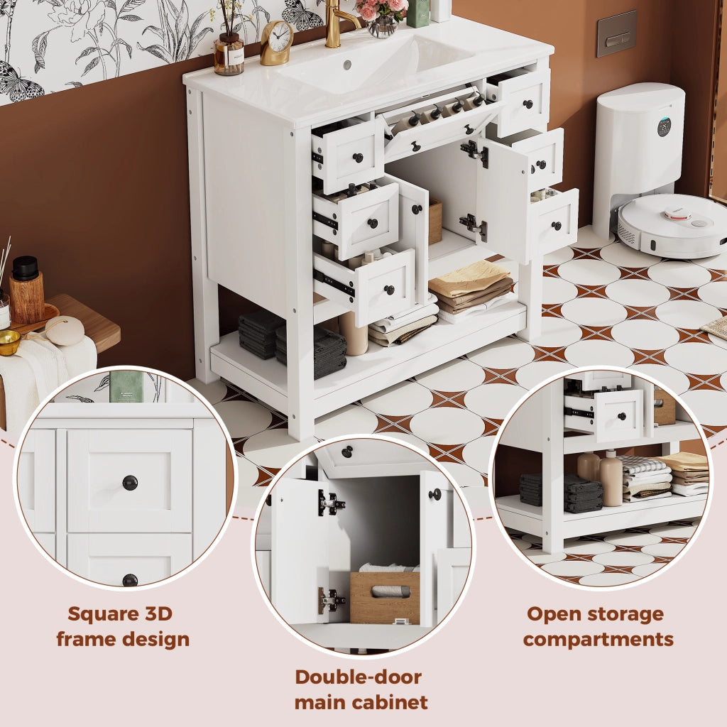 Mobile sottolavabo con lavabo in ceramica, 6 cassetti, 1 cassetto ribaltabile, ante e vani aperti, per bagno, bianco