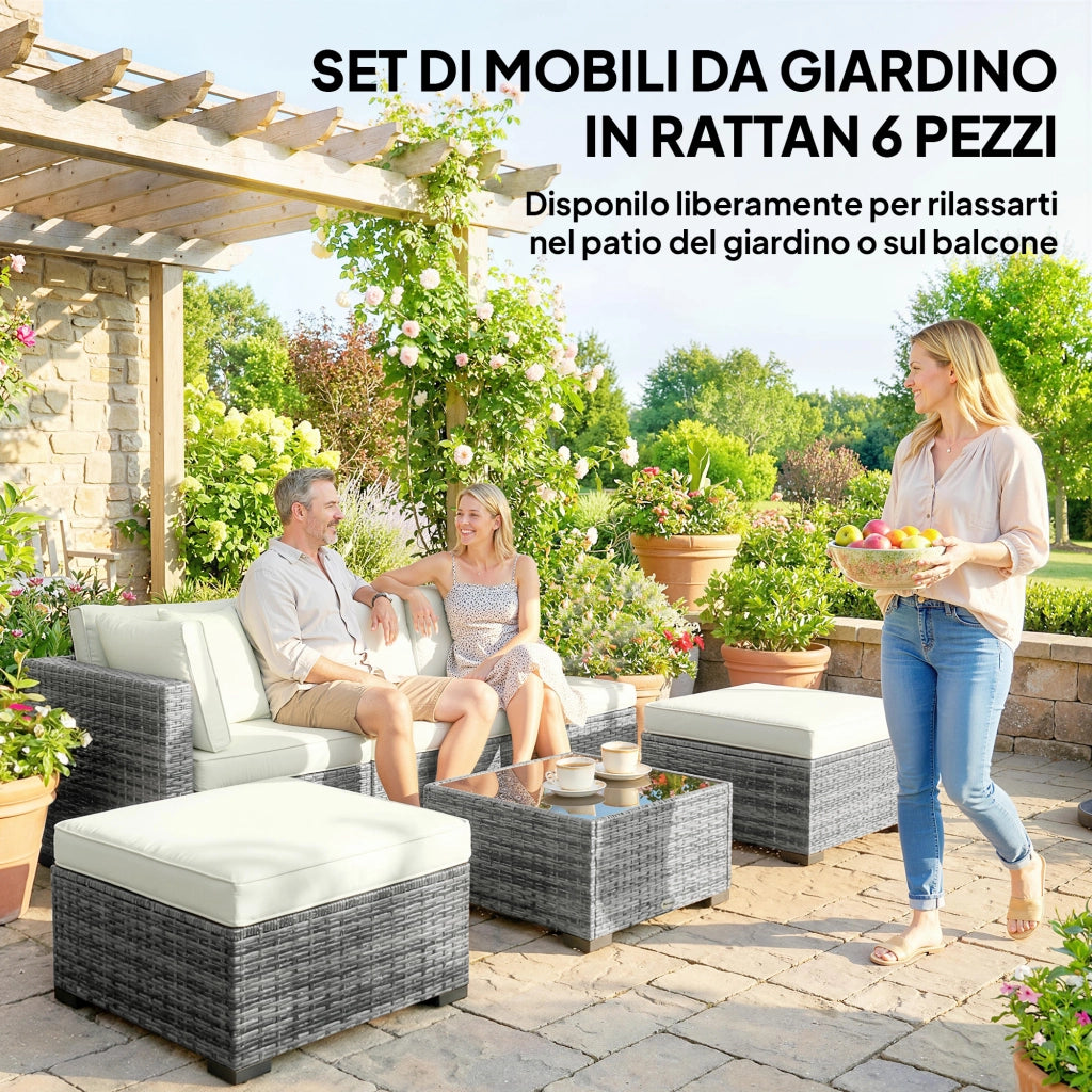 Set 6 Pezzi >Salotto da Giardino con Divano Modulare Tavolino e Cuscini in Rattan e Acciaio Grigio
