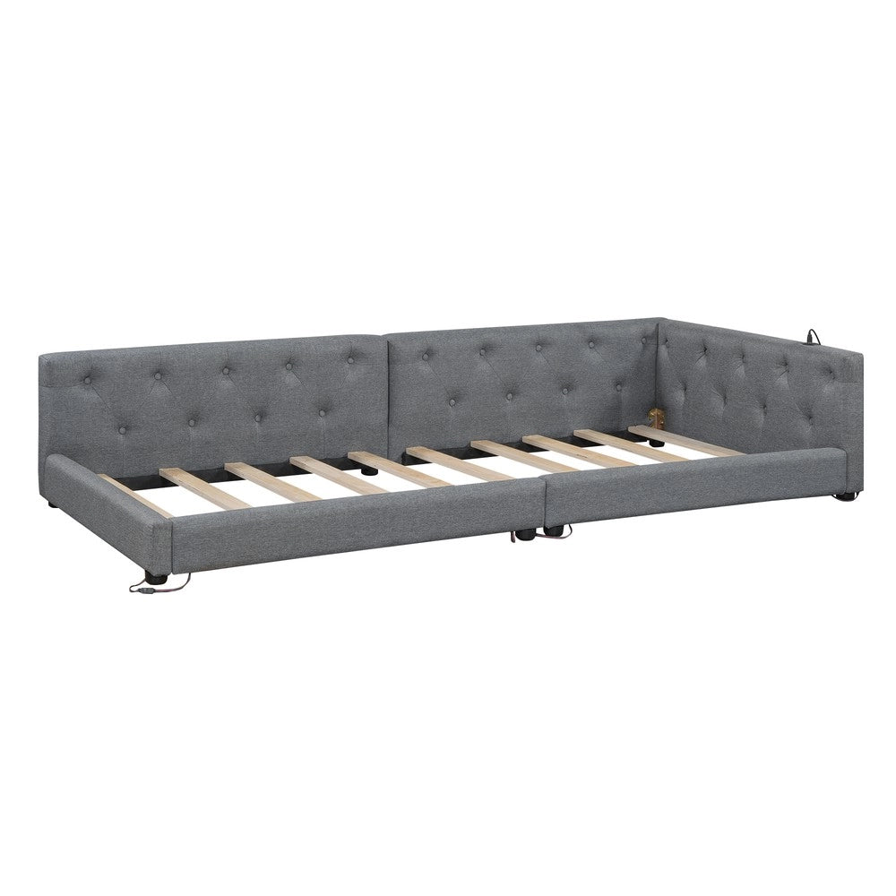 Letto Divano con Rete a Doghe ¨C MINIMAL ¨C Grigio, Lino, LED, USB, 90x200