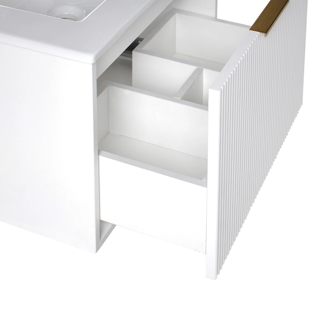 Mobiletto a muro con lavabo in legno massiccio Bianco con maniglia dorata per il bagno 60 cm stile moderno