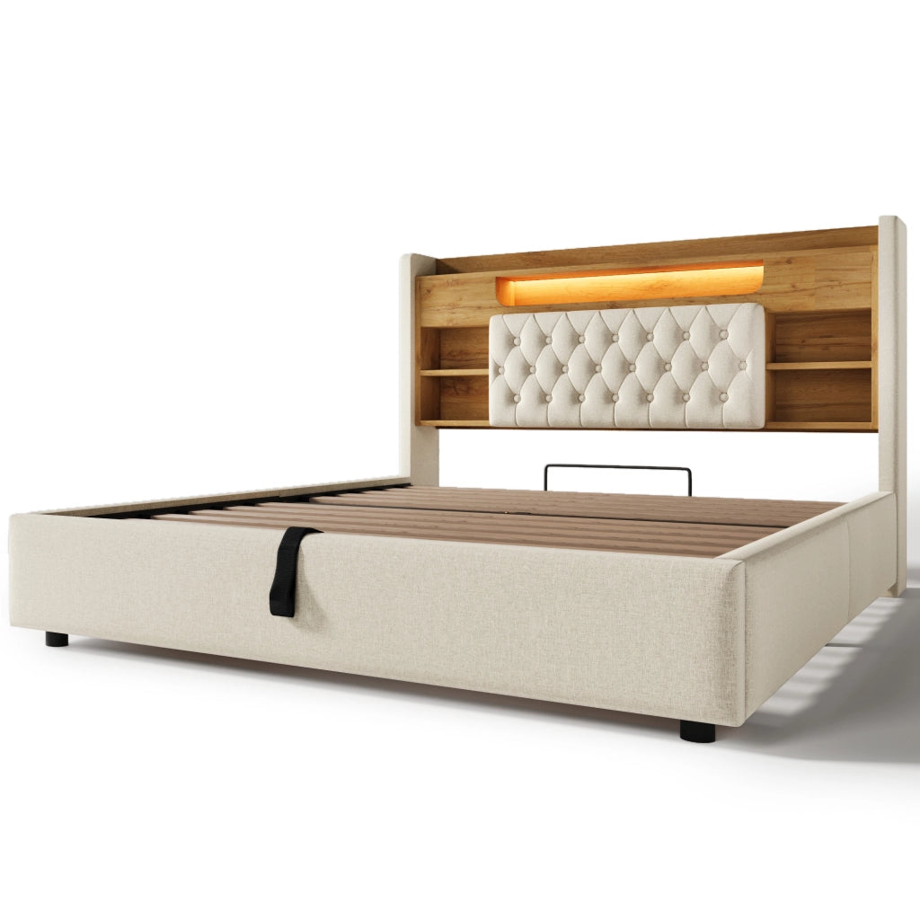 Letto Imbottito Contenitore con LED ¨C MINIMAL ¨C Testiera con Ripiano, USB, Tessuto Beige, 160x200