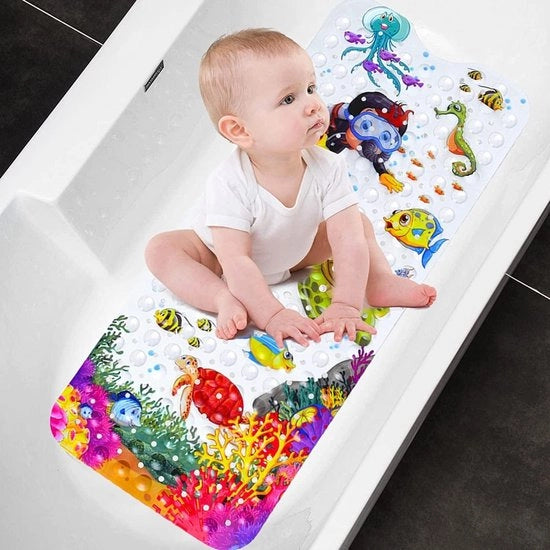 Matte antiscivolo per bambini con design animale da bagno - Schildpad con morsetto per lavatrice, lavabile in macchina 100 x 40 cm