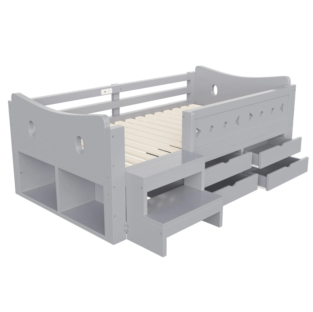 Letto singolo per bambini grigio 90 x 200 cm con cassetti, LED e prese USB