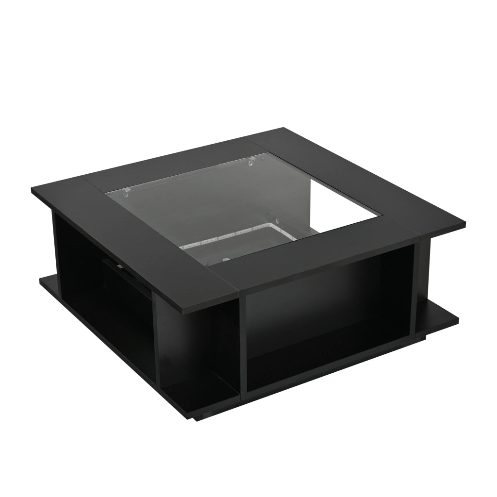 Tavolino da salotto quadrato con vani aperti e spazio laterale; piano in vetro; LED; nero 70 × 70 × 30 cm