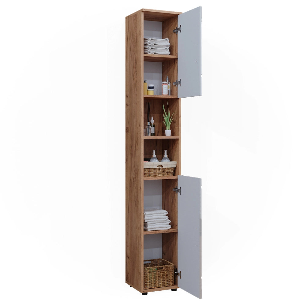 Armadio per il bagno Irma Bianco lucido/Rovere dorato 30 x 192 cm con ante e vani a giorno Vicco