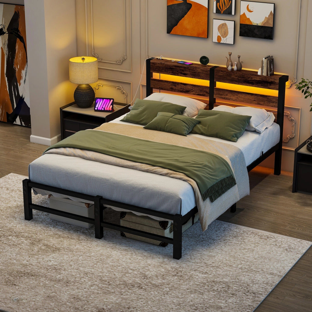 Letto matrimoniale 120x200 cm in metallo e legno con LED RGB, USB e spazio contenitivo