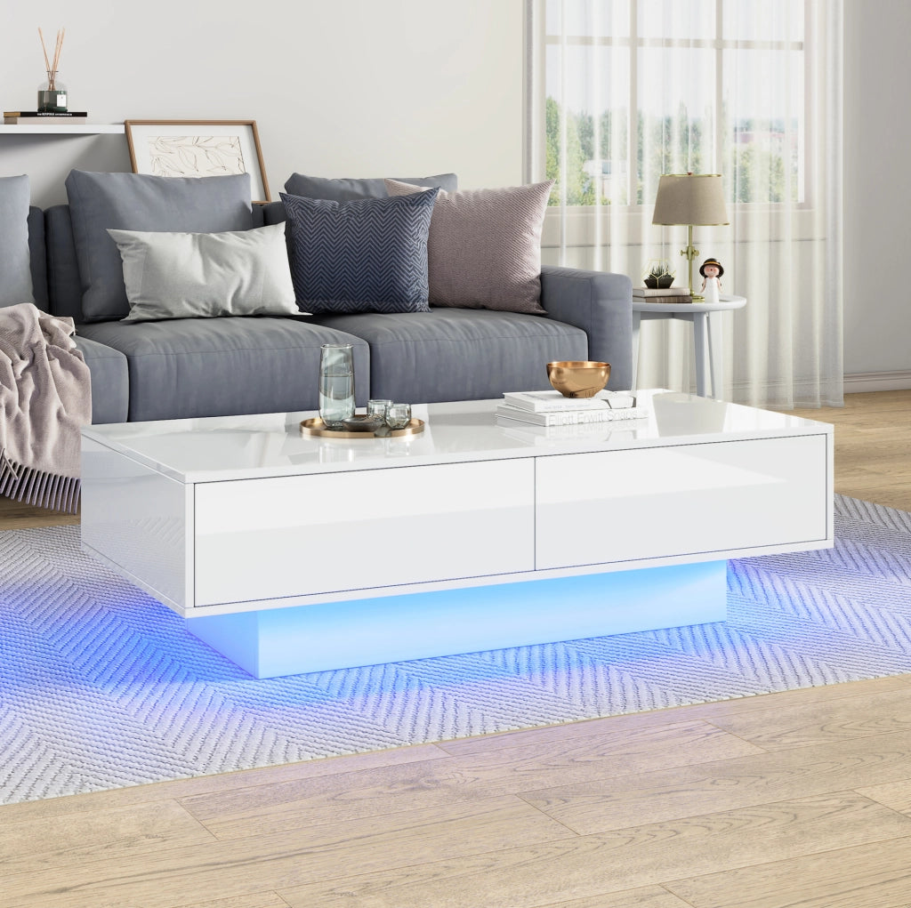 Tavolino da salotto bianco lucido con LED e 2 cassetti