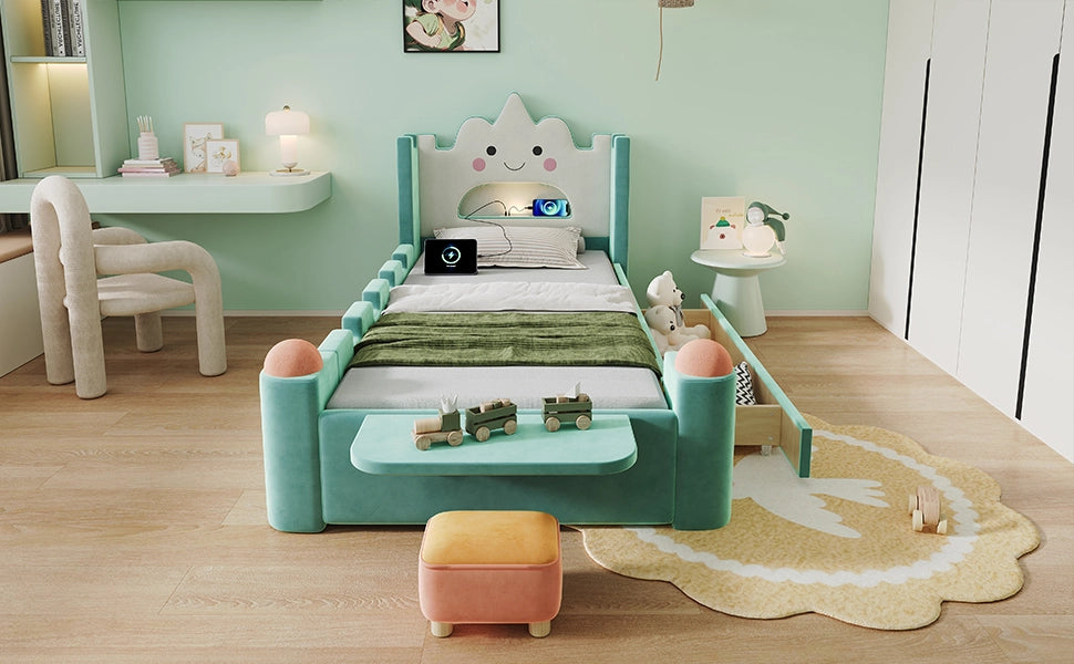 Letto per bambini 90 × 200 cm con lampada da lettura, USB, cassetto contenitore, senza materasso, blu e verde