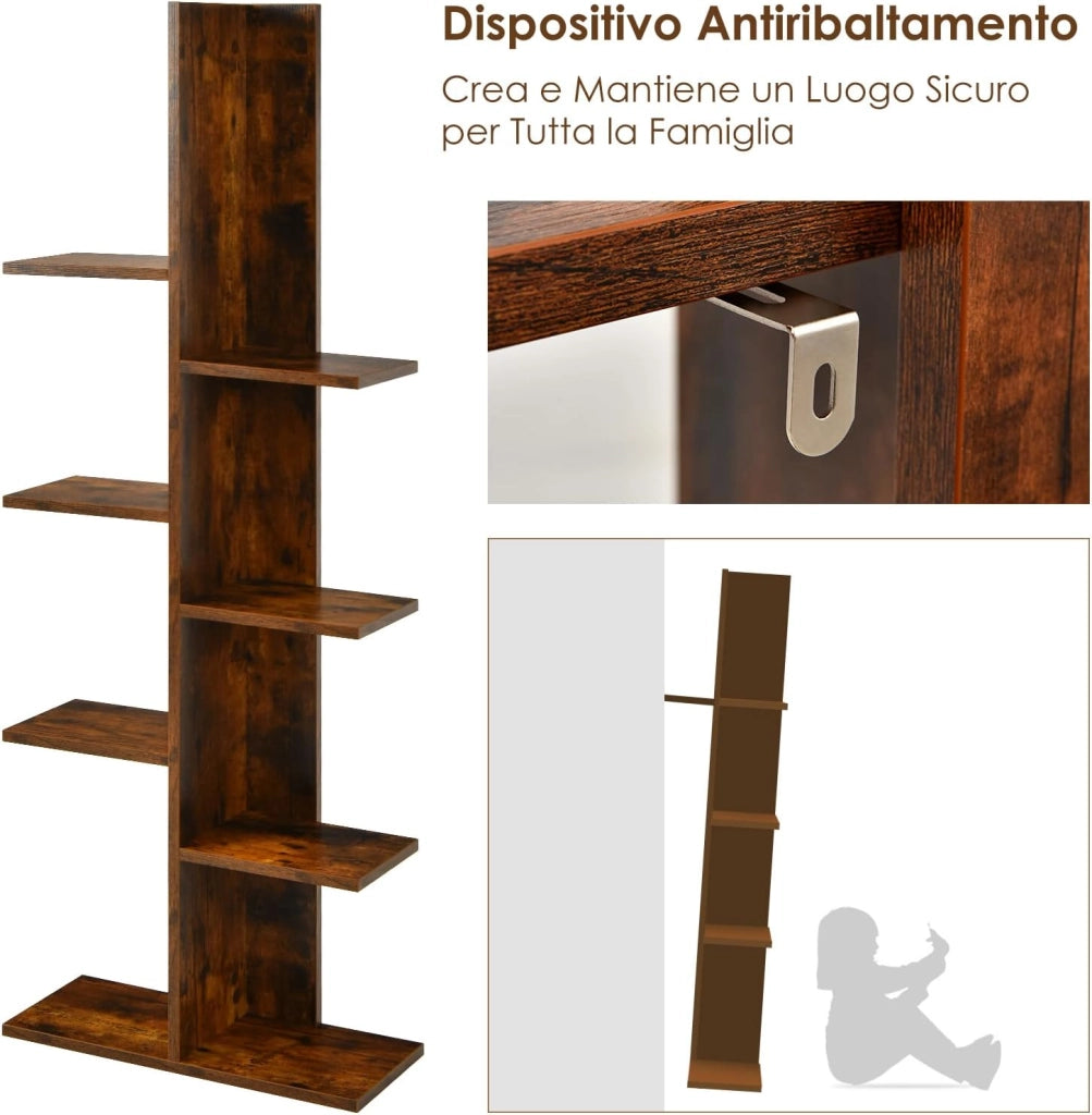 Scaffale in Legno per Libri, 6 Livelli, Libreria da Terra multiuso per Soggirno Ufficio Balcone, Ideale per per Soggirno Ufficio Balcone, 50 x 20 x 141,5 cm (Marrone)