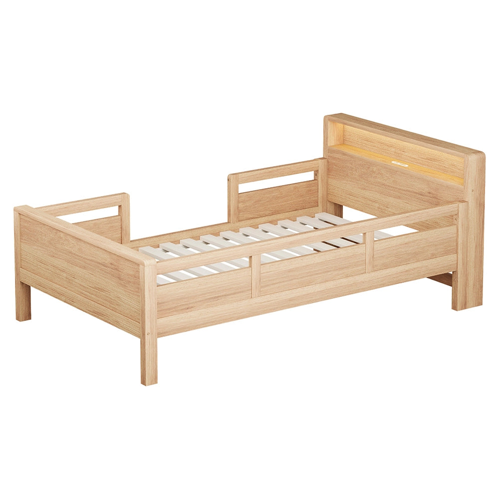 Letto bambino-Xylo-90x200 cm-USB-C, LED, testiera contenitore, legno pino