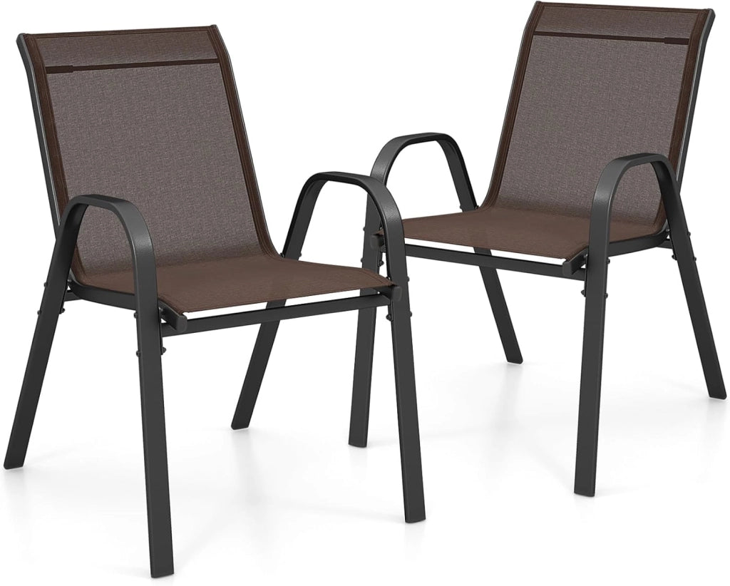 Set di 2 Sedie Impilabili, Sedia da Giardino con Corrimano, Telaio in Acciaio Tubolare Verniciato a Polvere, Sedia per Giardino e Patio