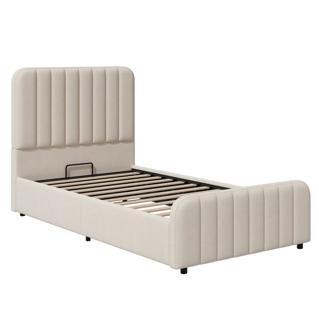 LETTO singolo 90x200 cm con contenitore idraulico, beige, lino, senza materasso