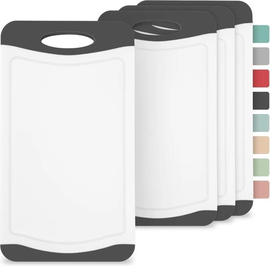 Set di piatti per colazione in plastica, 4 pezzi, 25 x 14 cm, piatto da taglio, BPA libero, antiscivolo con canale per succhi e manico, lavabile in lavastoviglie, piatto, piatto per pane (nero/bianco)