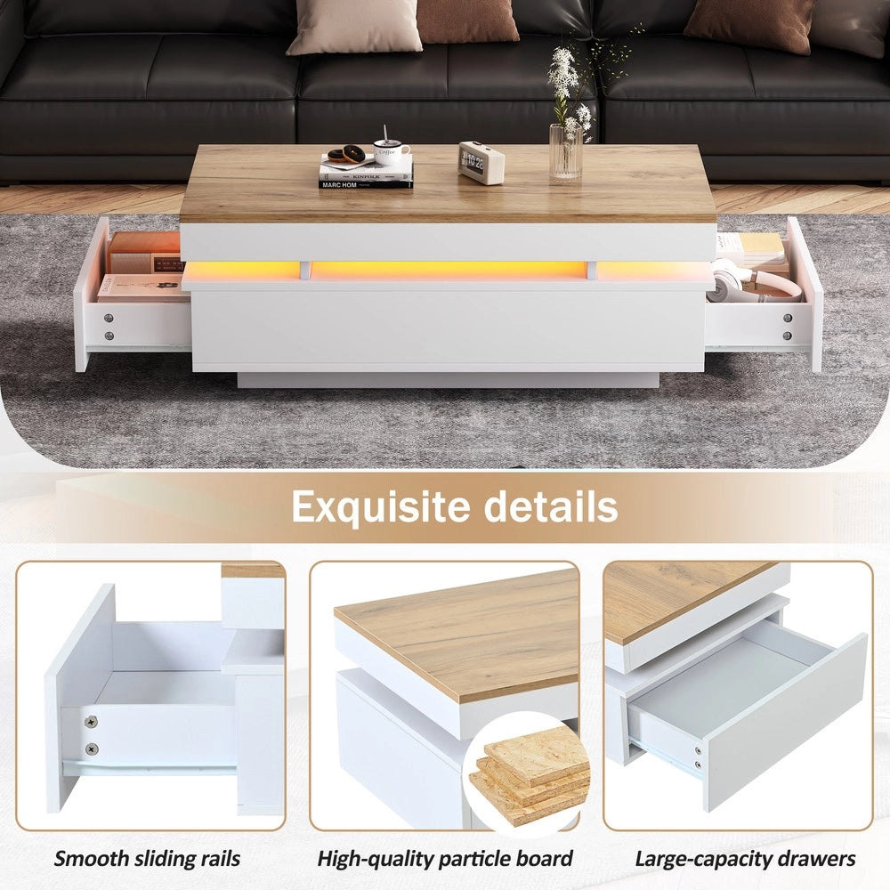 Tavolino da Caff¨¨ con 2 Cassetti e LED ¨C MINIMAL ¨C Bianco/Legno, 100x50x35