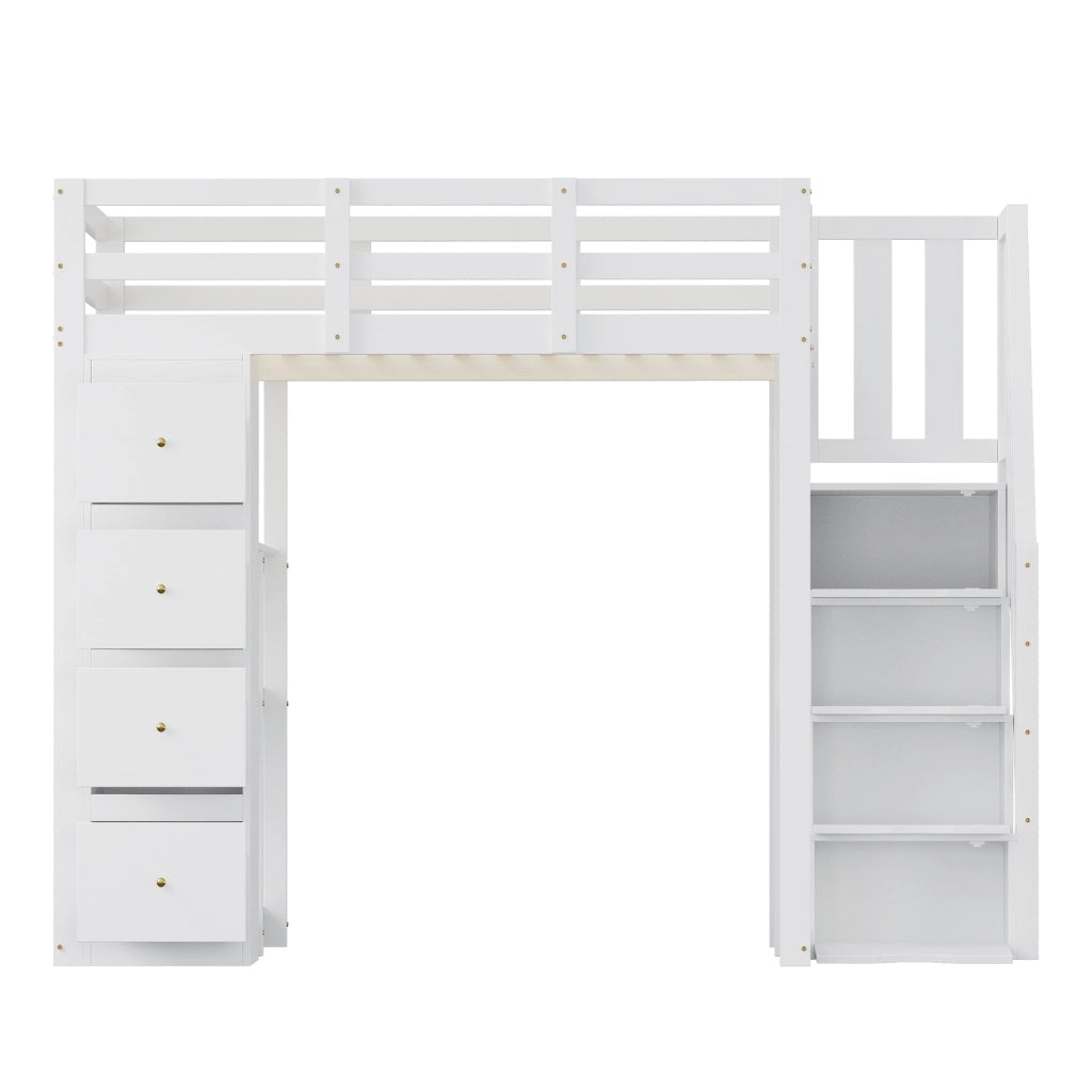 OKWISH Letto a Soppalco 140×200 cm, Letto Matrimoniale con 4 Cassetti, Scala Contenitore e Mensole, senza Materasso, in Legno, Bianco
