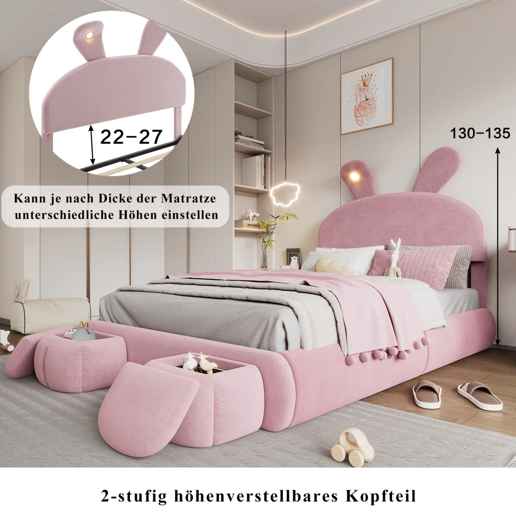 Letto matrimoniale imbottito 140x200 cm in velluto rosa con contenitore; LED e 2 pouf contenitore