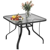 Tavolo da Giardino Quadrato a 4 Posti con Piano in Vetro e Foro per Ombrellone Ø54 mm, Nero