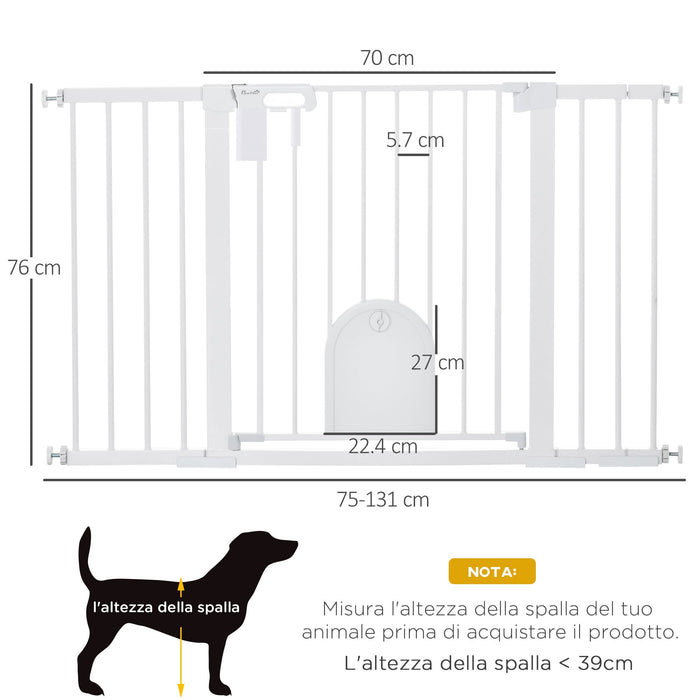 Cancelletto per Cani Estensibile con Porta a Chiusura Automatica 75-131x76 cm in Metallo e ABS Bianco