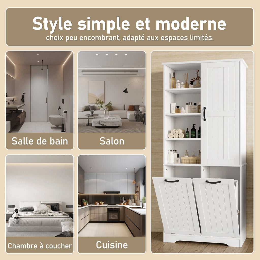 Armadietto da bagno in MDF con 2 cesti portabiancheria, 1 porta e ripiani regolabili, bianco, 78 × 35 × 172,7 cm