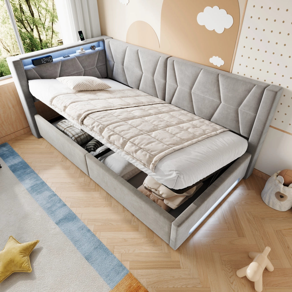 LETTO Contenitore 90x200 cm in velluto grigio scuro con LED, USB e Type-C