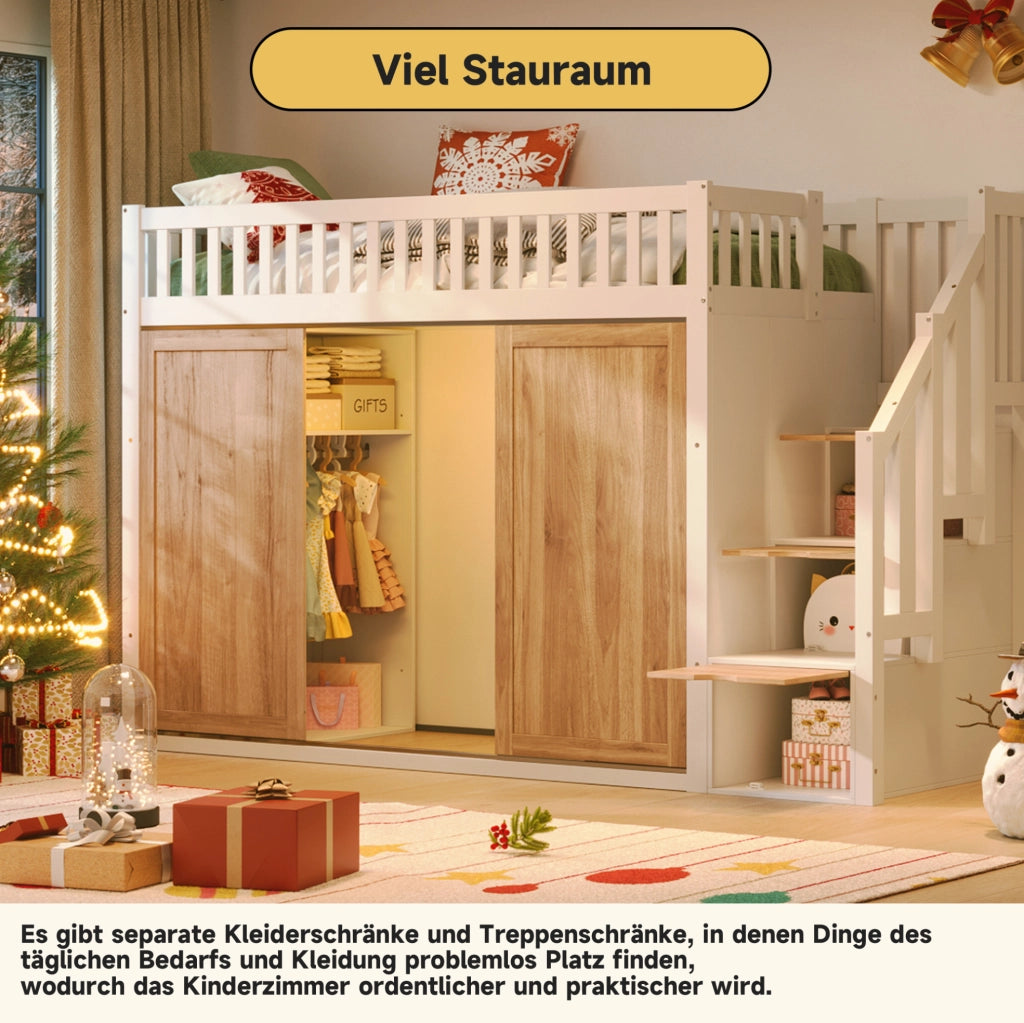 Letto a soppalco per bambini 90x200 cm con armadio e scala contenitore; LED controllabili da app; bianco e rovere