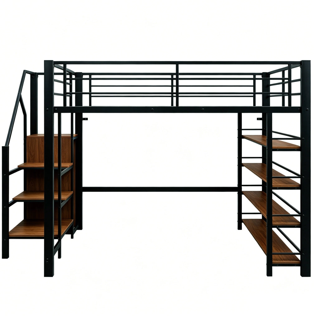 Letto a soppalco 140x200 cm nero metallo con scala contenitore