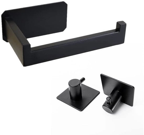 Supporto per carta igienica in acciaio inox - Supporto per carta igienica nero con 2 ganci adesivi per asciugamani per bagno e cucina