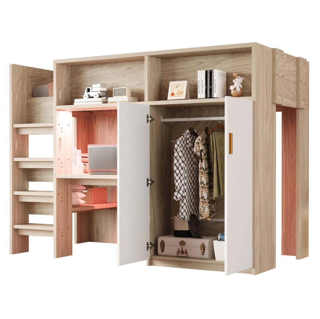 Hochbett multifunzionale 90x200 cm in legno naturale con scrivania; armadio; scaffali e LED