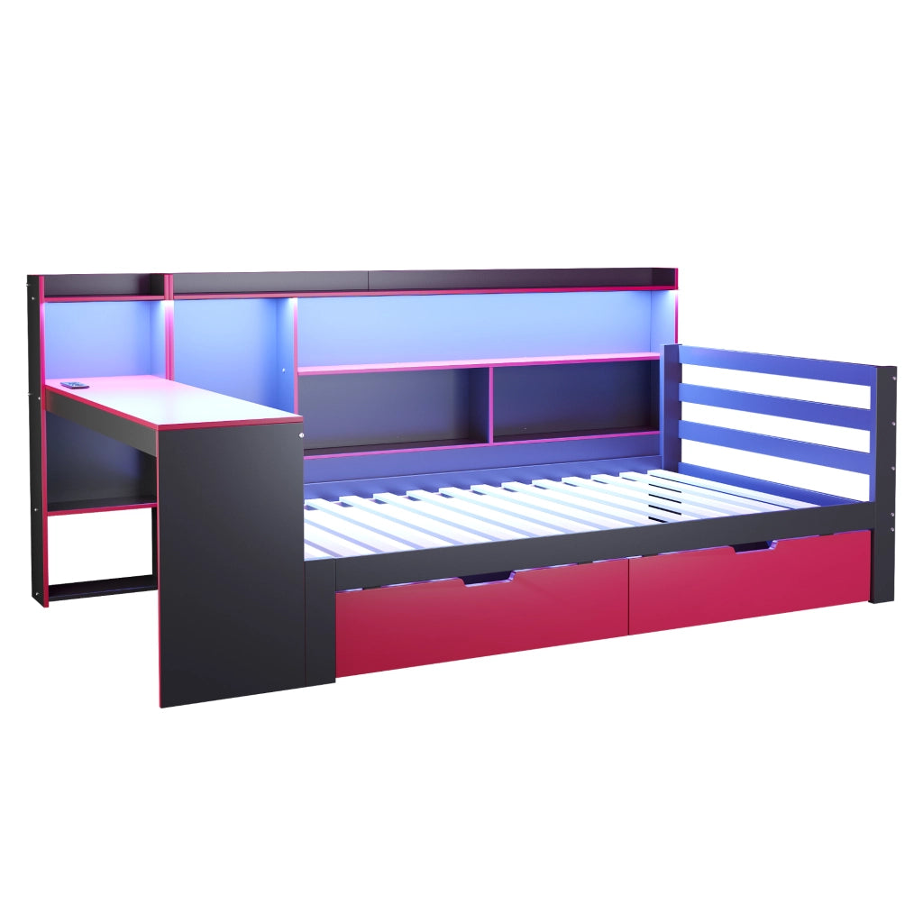 Letto combinato 90 × 200 cm 2 posti con scrivania, ripiani, LED e USB, senza materasso, legno, nero rosso