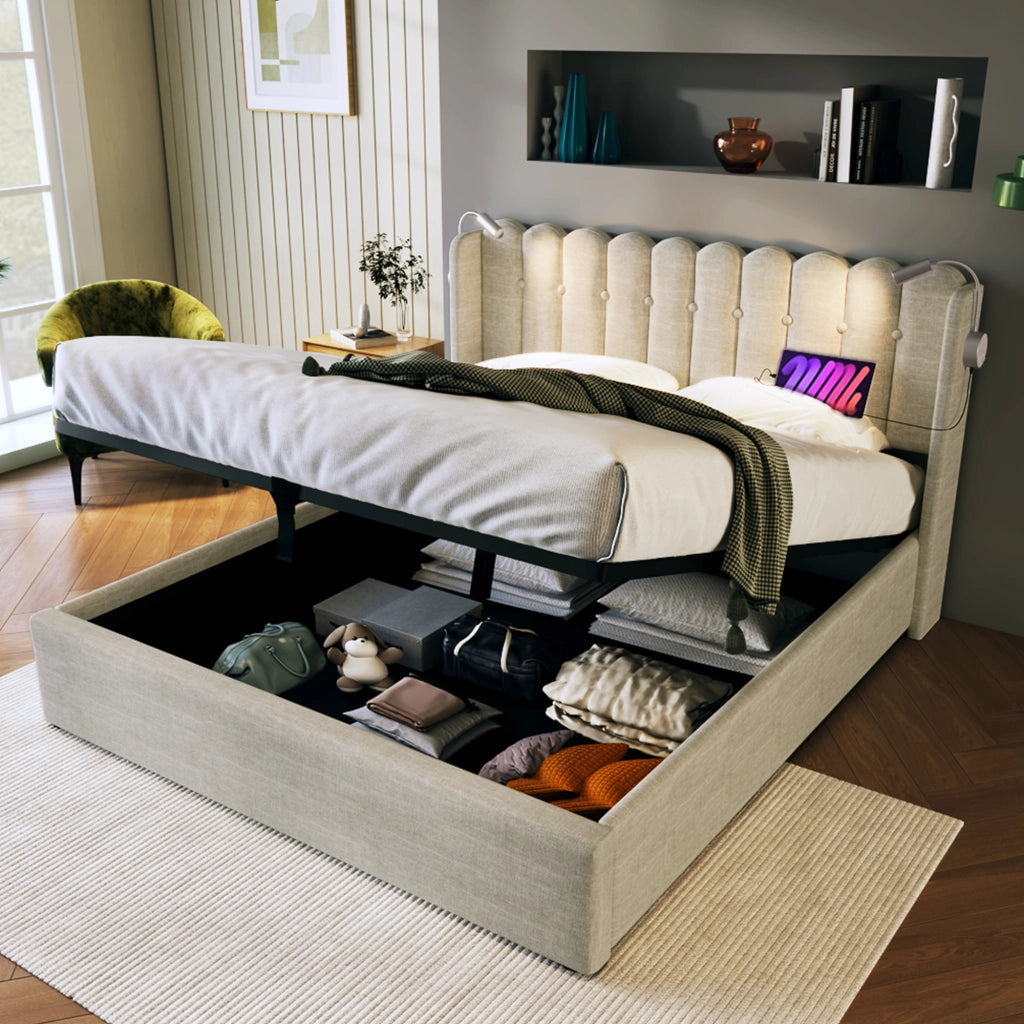 LETTO Contenitore 160x200 cm Lino Beige con luce da lettura e USB