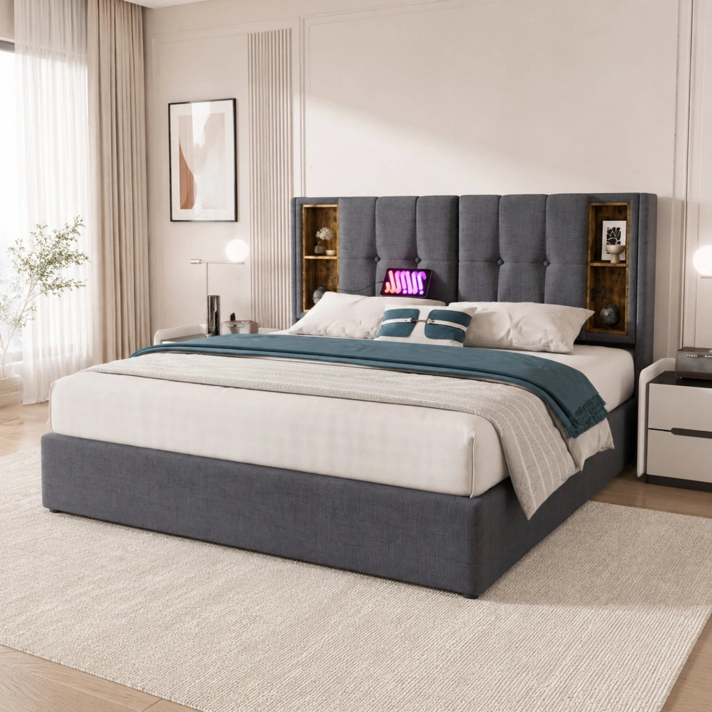LETTO Imbottito 140x200 cm Grigio con ricarica wireless e USB