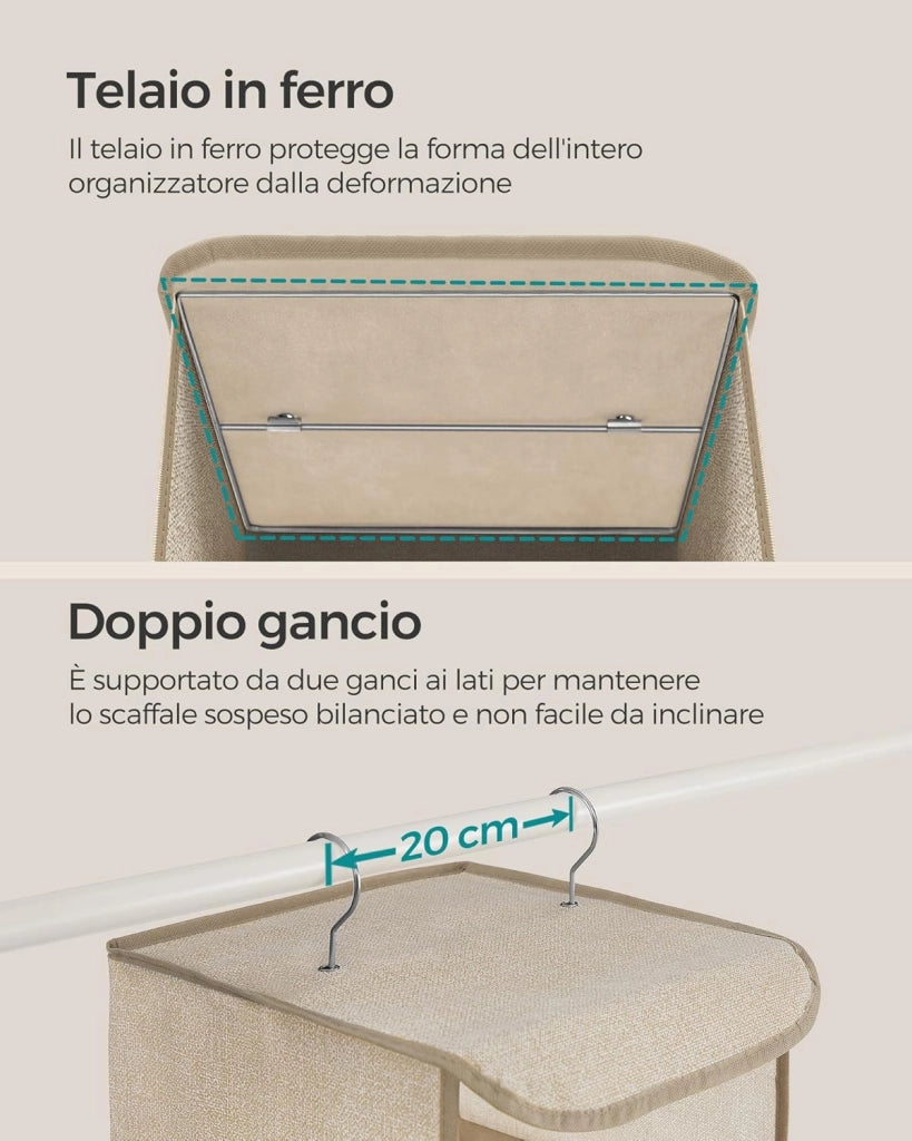 Set di 2 Portaoggetti da Appendere, Organizer Armadio da Appendere, Pieghevole e Salvaspazio, con Ganci in Metallo e Divisori Interni in Bambù, Stampa in Simil Lino, Beige Sabbia RCH005Y02