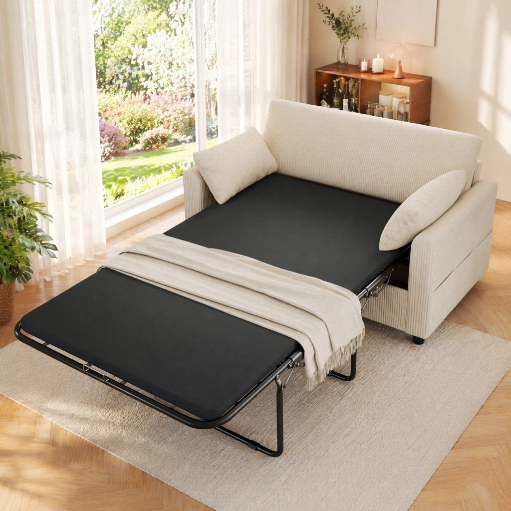 Divano letto 2 posti estraibile in corduroy beige con USB; USB-C e tavolino pieghevole