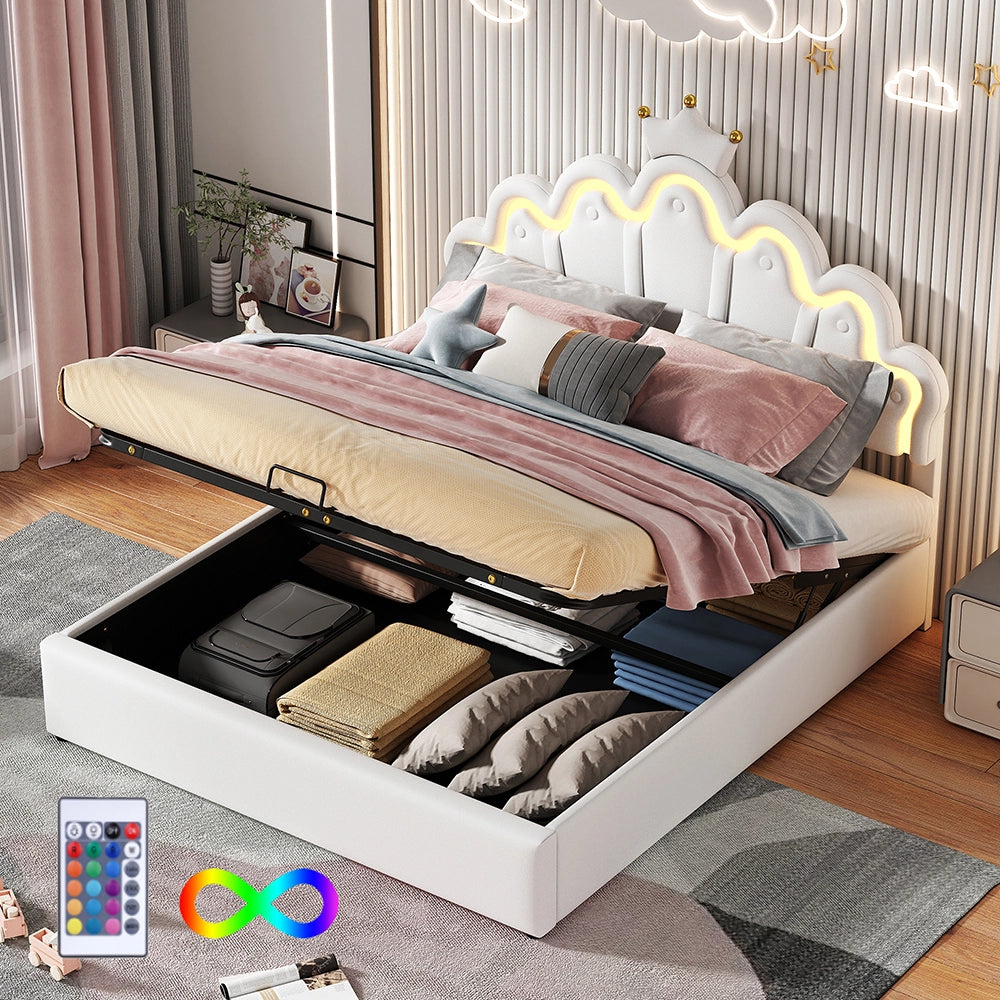 Letto a cassone per giovani - Xylo - 140x200 cm - LED regolabile imbottitura morbida beige