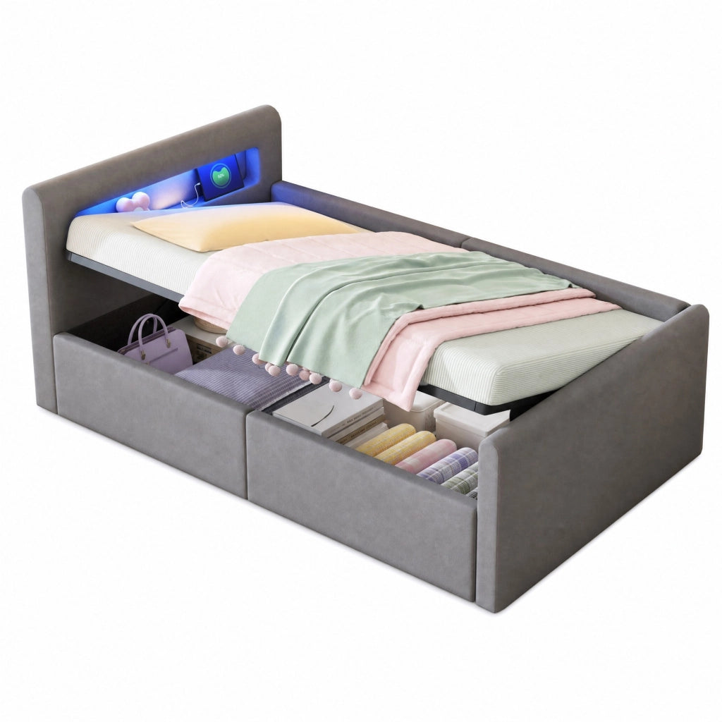 Letto imbottito per bambini 90x200 cm in velluto grigio chiaro con LED; USB e contenitore idraulico