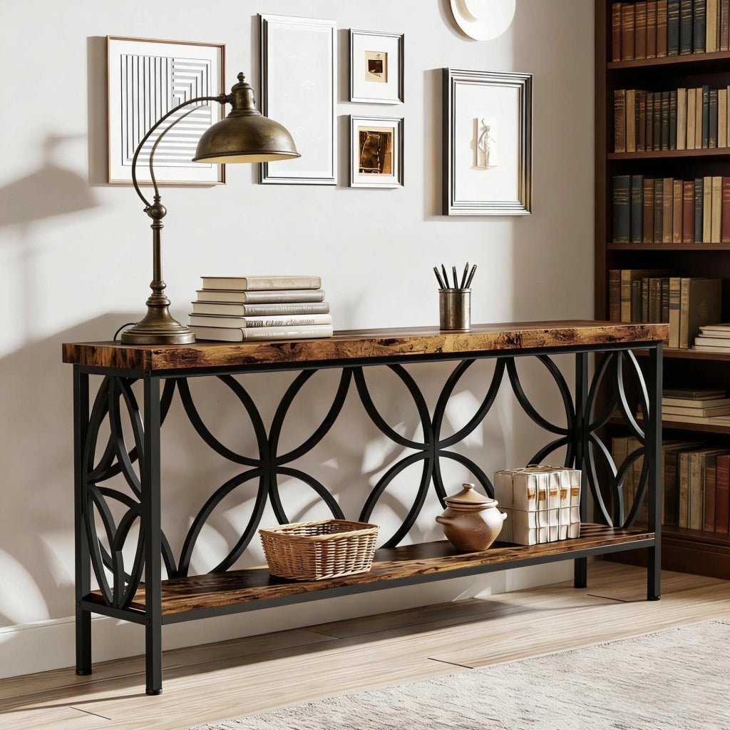 Console industriale 160x30x80 cm nero e marrone rustico, 2 ripiani, metallo e legno