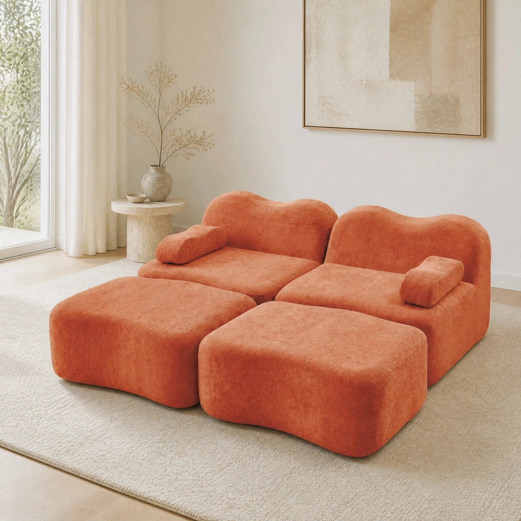 Divano modulare senza struttura in velluto arancione con pouf collegabile