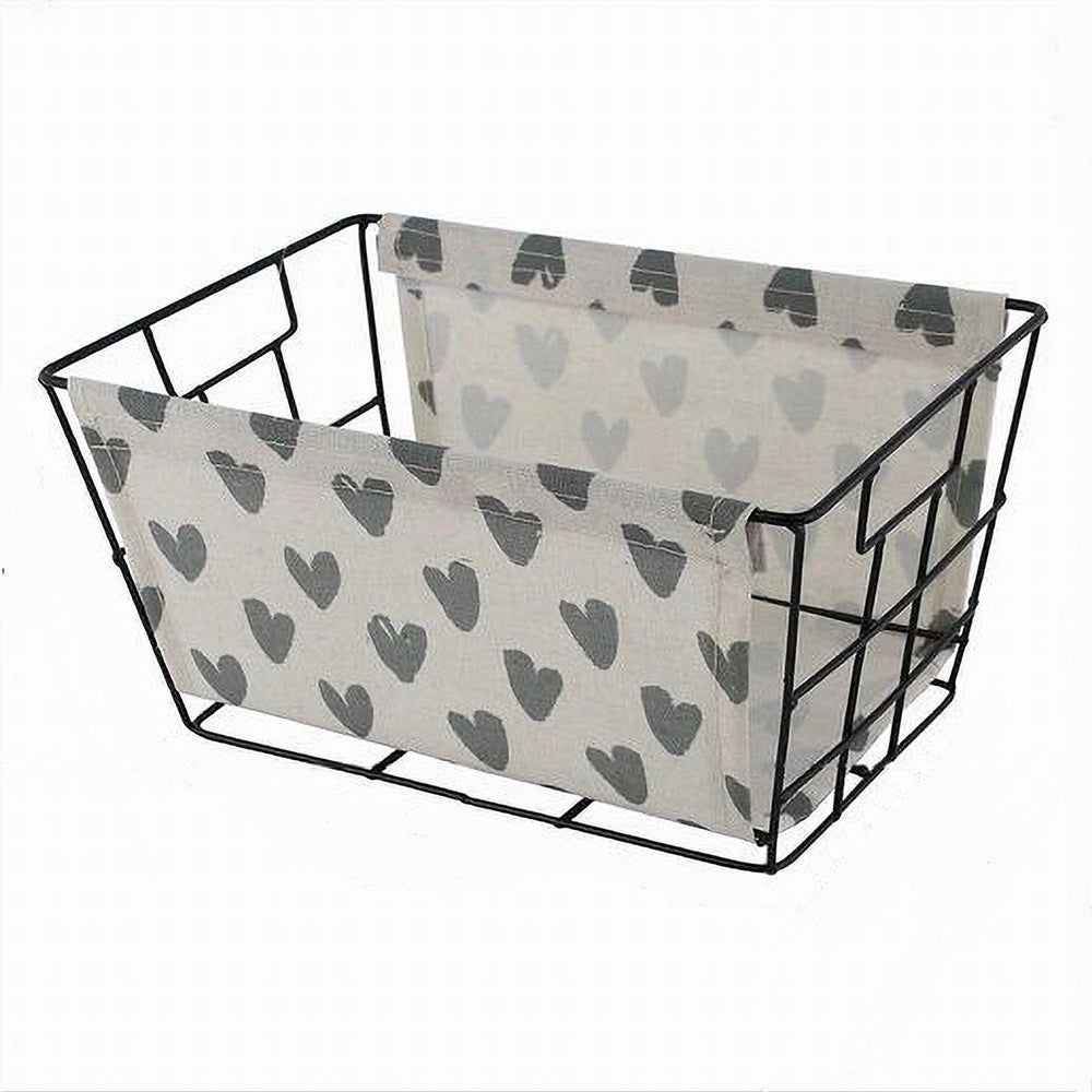 Trade Shop - Cesto Porta Oggetti In Ferro Tessuto Stampa Cuori Grigi Manici 30x20x15 Cm 10619 -