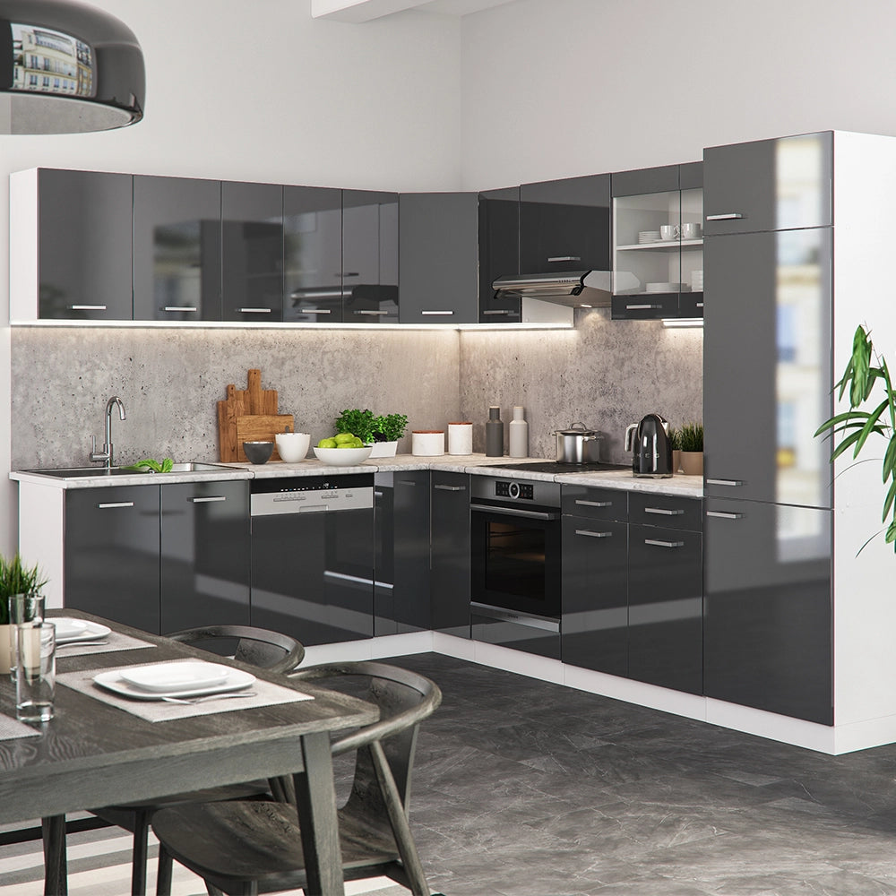 Cucina angolare completa R-Line Antracite lucido/Bianco 287 x 227 cm, PL Rovere Vicco