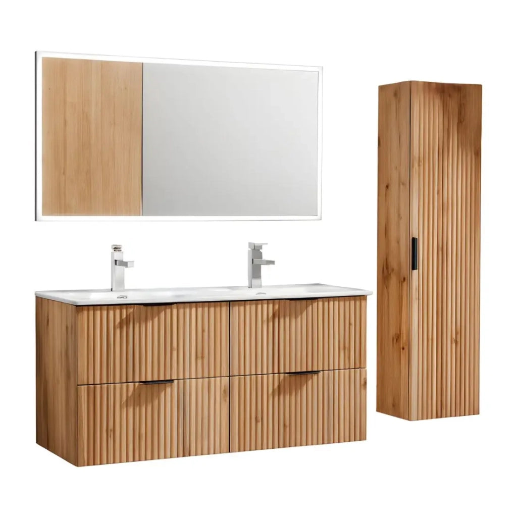 Set da bagno NOXERA 120 cm – Rovere Wotan – Doppio lavabo, colonna sospesa e specchio LED