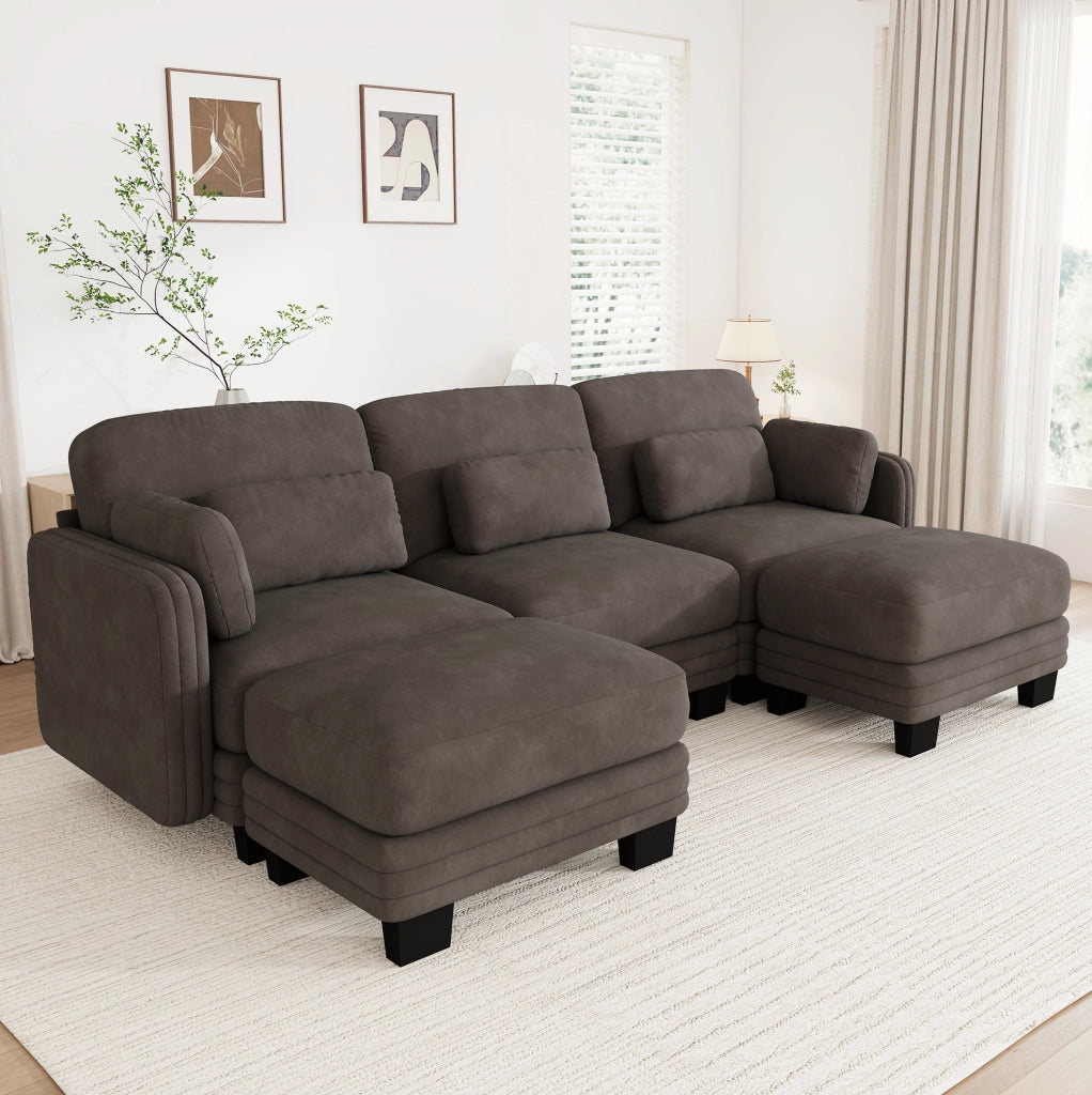 Divano modulare 253x143x88 cm in chenille con pouf e cuscini mobili; marrone