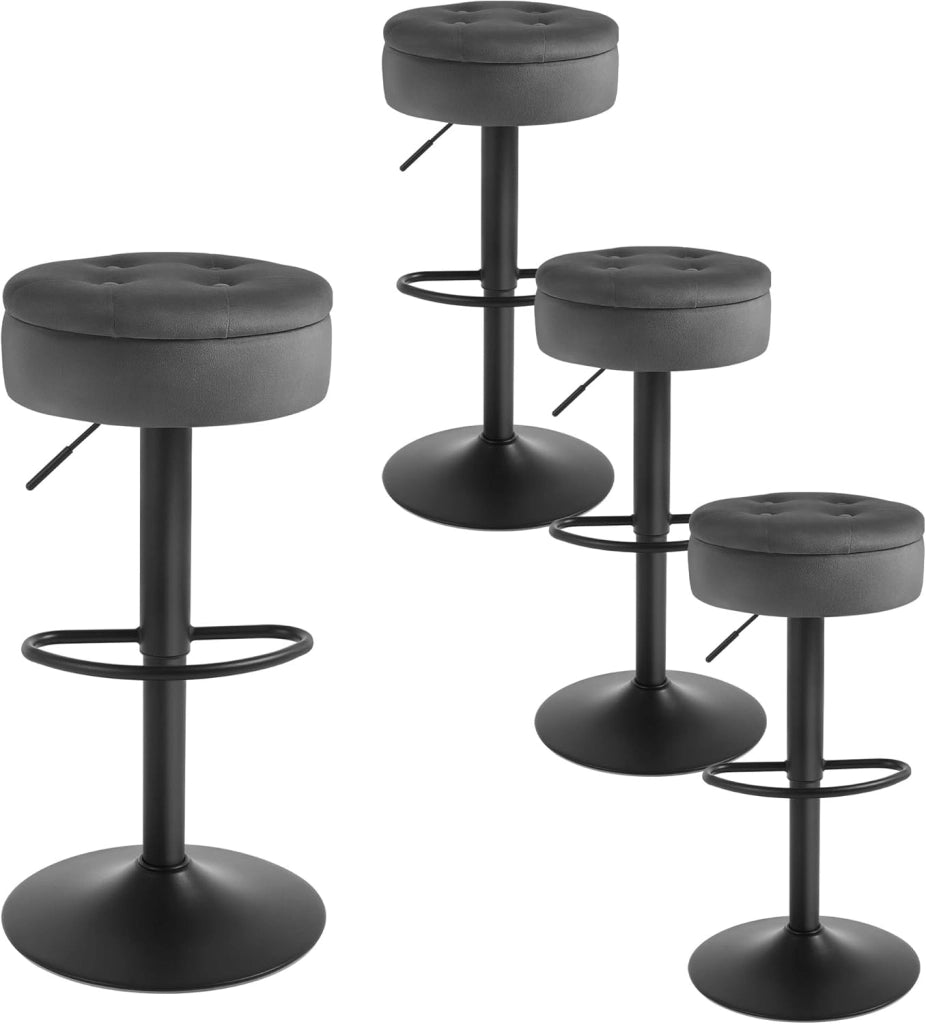 Set di 4 Sgabelli da Cucina, Sgabelli da Bar Alti con Spazio Contenitivo, Sedia Regolabili in Altezza e Girevoli a 360°, per Cucina Sala da Pranzo Bar Bancone, Velluto, Metallo, Grigio Chiaro