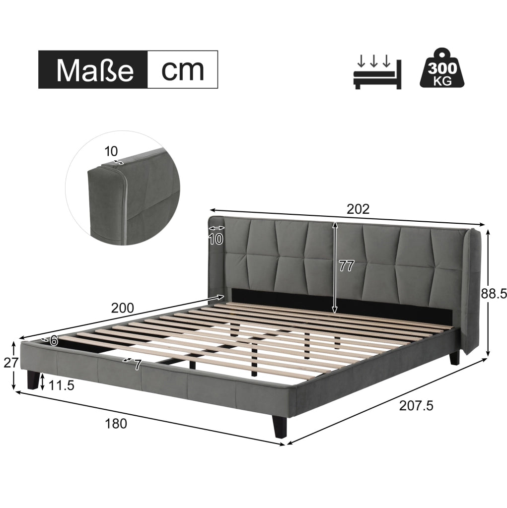 Letto imbottito matrimoniale 180x200 cm in velluto grigio con rete a doghe e testiera