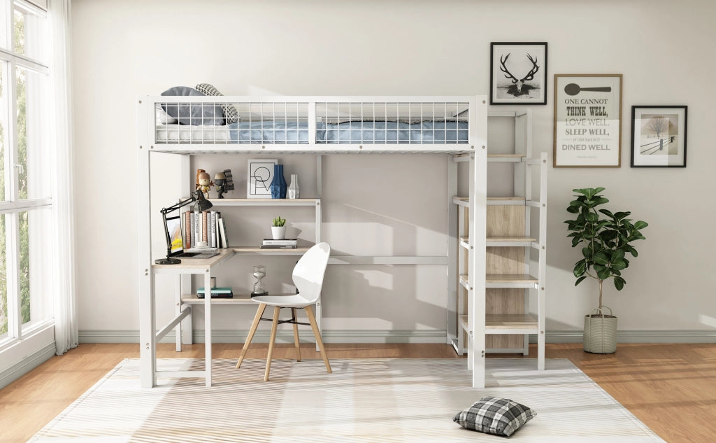 DESMIU Letto soppalco 140 × 200 cm 2 posti con scrivania, scaffali e armadio, senza materasso, in metallo e MDF, bianco