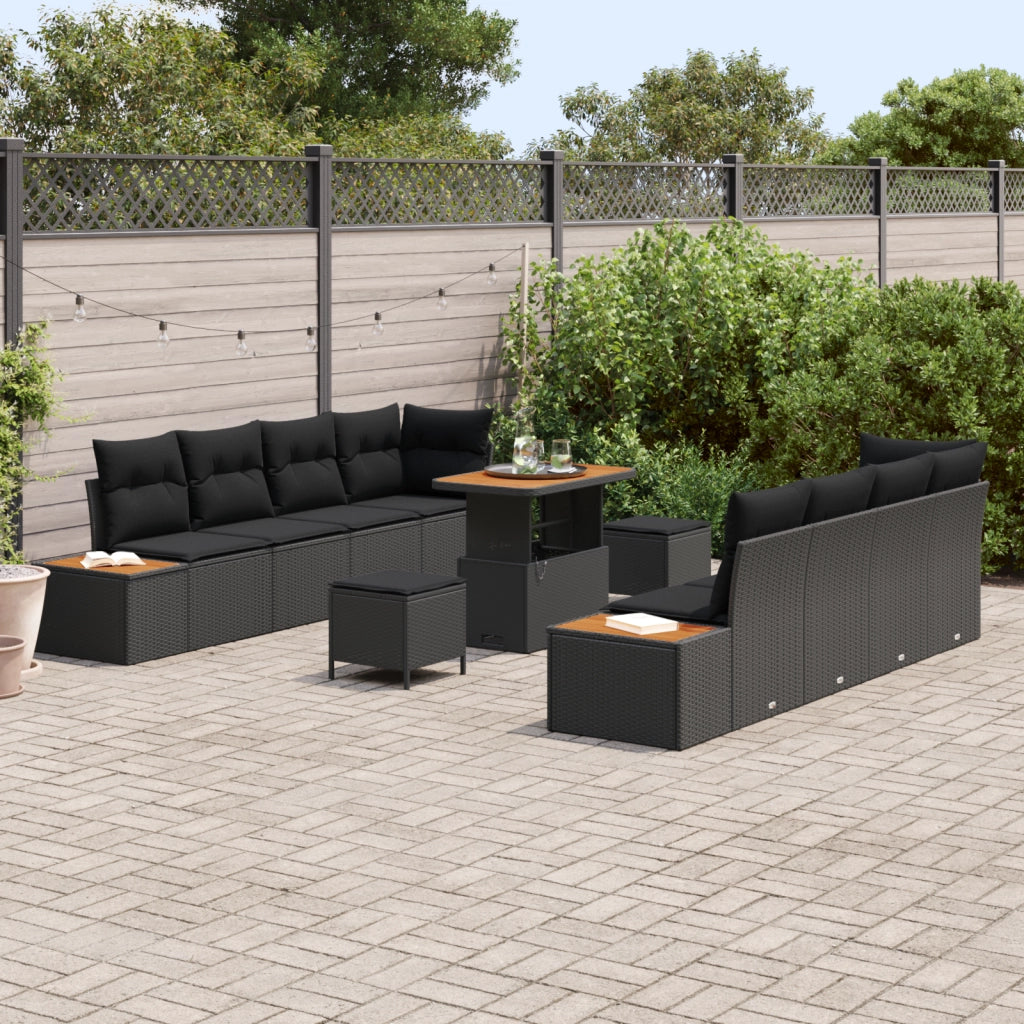 Set di Divano da Giardino da 11 Pezzi con Cuscini Nero Polyrattan Acacia