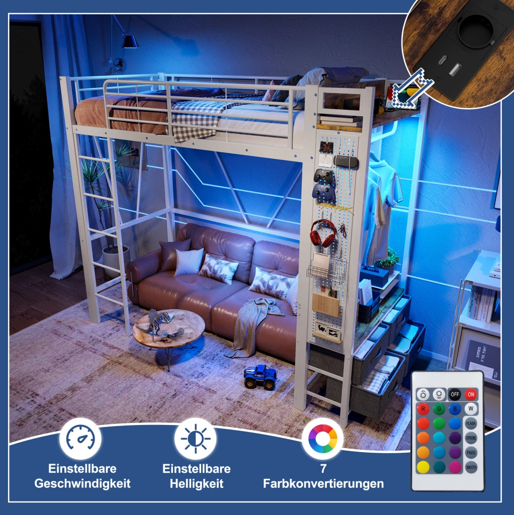 Letto a soppalco 90x200 cm con cassetti LED e ricarica USB-C