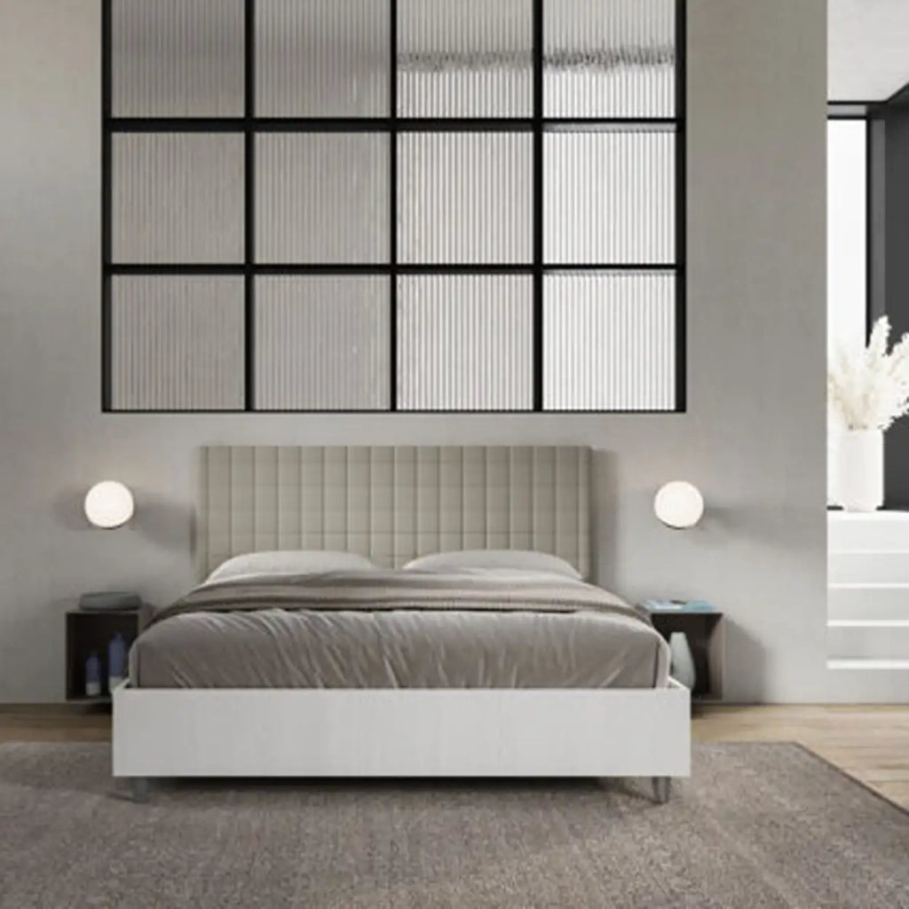Letto matrimoniale con rete 160x200 bianco frassino testata similpelle tortora Burmy
