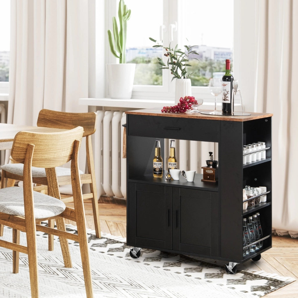 Isola da cucina su ruote con portaspezie cassetto grande armadietto a 2 porte-Carrello da cucina rotante Nero